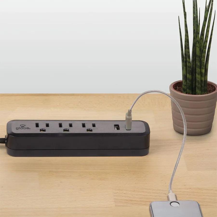 Barre de surtension GLOBE avec 3 prises et 2 prises USB - 900J - 15A - Noir - 1,8 m