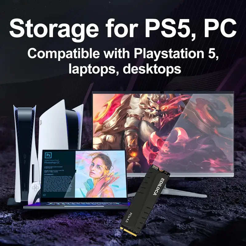 EDILOCA EN855 SSD de jeu interne avec dissipateur thermique PCIe Gen4, jusqu'à 7400 Mo/s, NVMe M.2 2280, mémoire flash 3D TLC NAND, cache DRAM configurable, compatible avec PS5 et PC