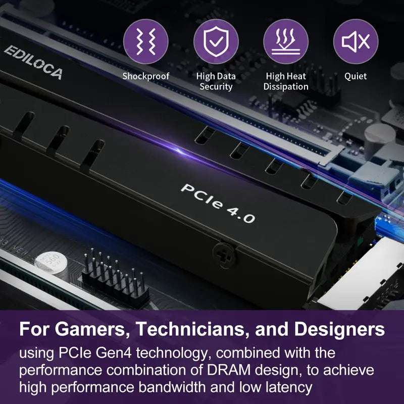 EDILOCA EN855 SSD de jeu interne avec dissipateur thermique PCIe Gen4, jusqu'à 7400 Mo/s, NVMe M.2 2280, mémoire flash 3D TLC NAND, cache DRAM configurable, compatible avec PS5 et PC
