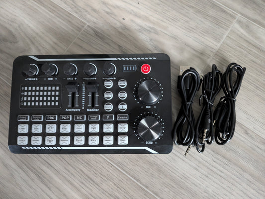 F998 Portable Audio Mixer avec écran de 7,5 pouces - Idéal pour la diffusion en direct, le jeu, la chanson et les événements en plein air, alimenté par USB et batterie, batterie au lithium rechargeable de 1200mAh, système de son extérieur