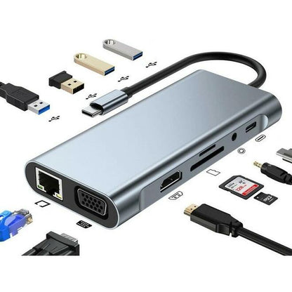 11 en 1 Hub USB-C Station d'accueil Adaptateur Type-C avec USB3.0 USB2.0 PD 87W 4K Compatible HDMI